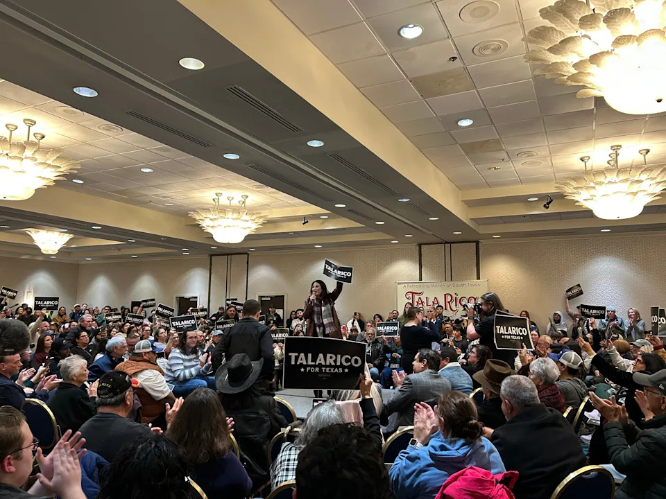 Former Nueces County Judge Barbara Canales introduces state Rep. James Talarico, a candidate for U.S. Senate in the Democratic primary, at a campaign stop on Jan. 26 in Corpus Christi.