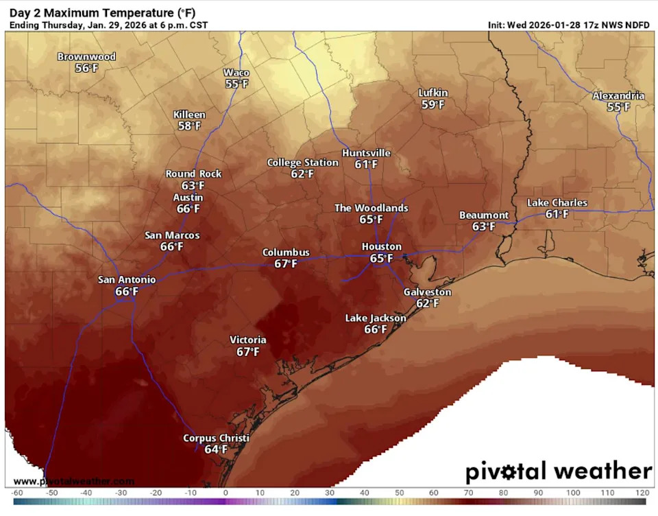 Temperatures in Central and South Texas will be the warmest of the week on Thursday with afternoon highs in the 60s. (Pivotal)