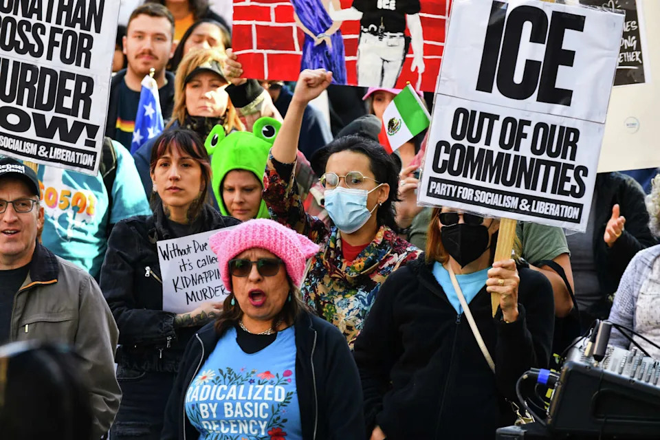 Protesters listen to a speaker at Market Square in downtown San Antonio on Saturday, Jan. 10, 2026, during a protest against U.S. Immigration and Customs Enforcement and the killing of Renee Nicole Good by ICE officers. (Charlie Blalock/Contributor)