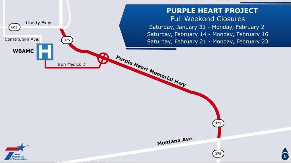 The three scheduled closures of Purple Heart Memorial Highway. Credit: TxDOT
