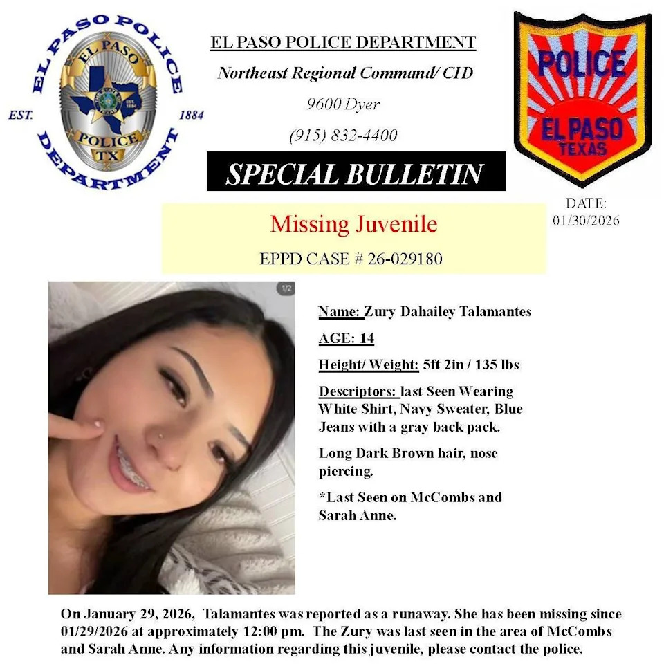 The El Paso Police Department is asking for information on the whereabouts of 14-year-old Zury Dahailey Talamantes, who was reported missing on Thursday, Jan. 29, 2025, in Northeast El Paso.