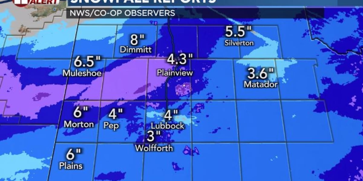 Record snowfall for Lubbock, lows below zero Sunday night