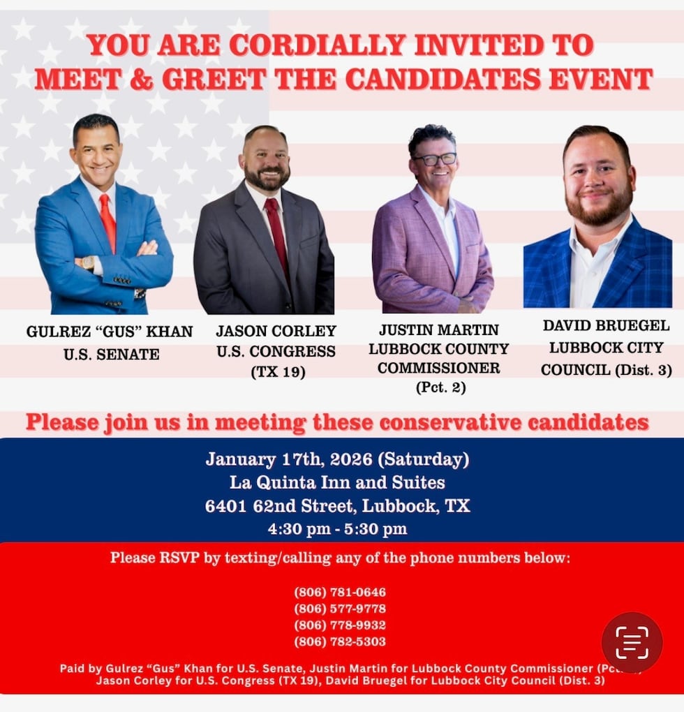 The event will feature Gulrez “Gus” Khan, who is running for U.S. Senate, Jason Corley,...