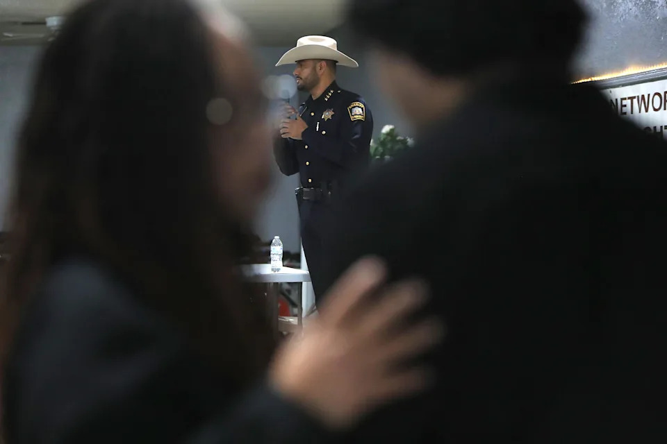 El Paso County Sheriff Oscar Ugarte meets with residents at the Socorro Ramirez Community Center in Sparks in eastern El Paso County on Saturday, Jan. 17, 2026, after Immigration and Customs Enforcement operations left some in the community fearful.