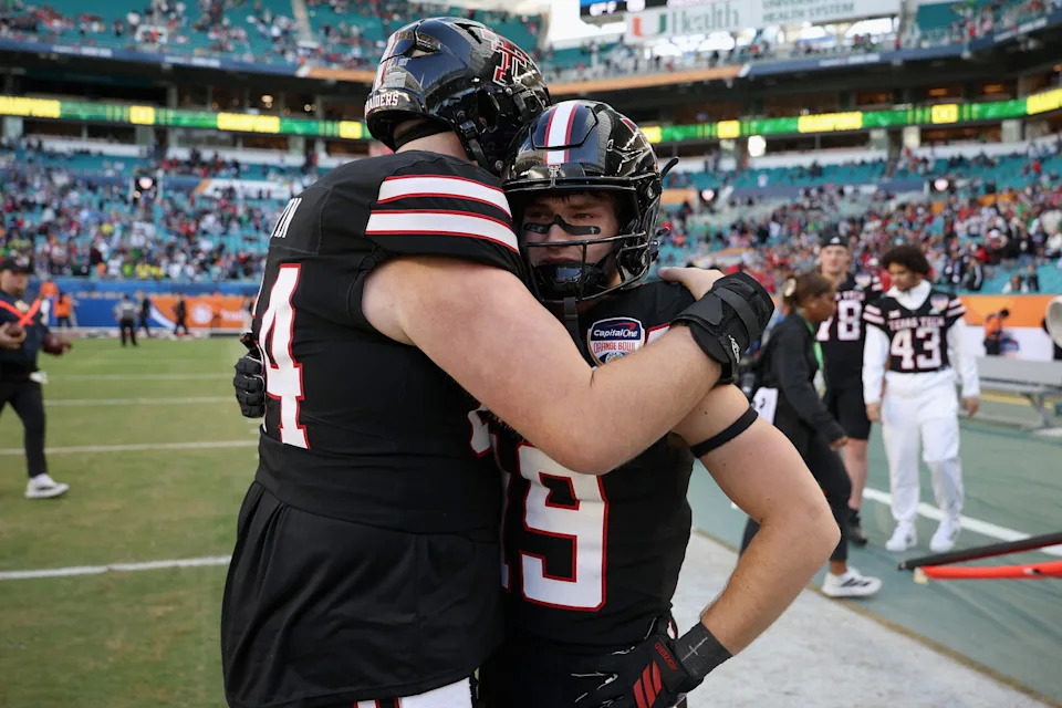 MIAMI GARDENS, FLORIDA - JANUARY 01: Texas Tech Red Raiders players reacts after the Oregon Ducks defeated the Red Raiders 23-0 in the 2025 College Football Playoff Quarterfinal at the Capital One Orange Bowl at Hard Rock Stadium on January 01, 2026 in Miami Gardens, Florida. (Photo by James Gilbert/Getty Images)