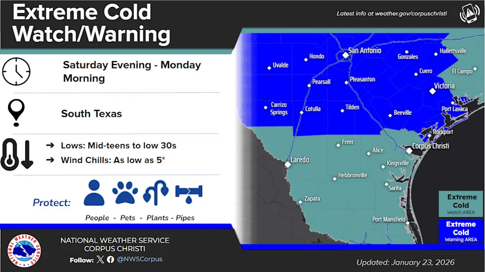 The National Weather Service of Corpus Christi upgraded the extreme cold watch to an extreme cold warning on Jan. 23. Freezing temperatures are expected to hit the Coastal Bend late Jan. 24.