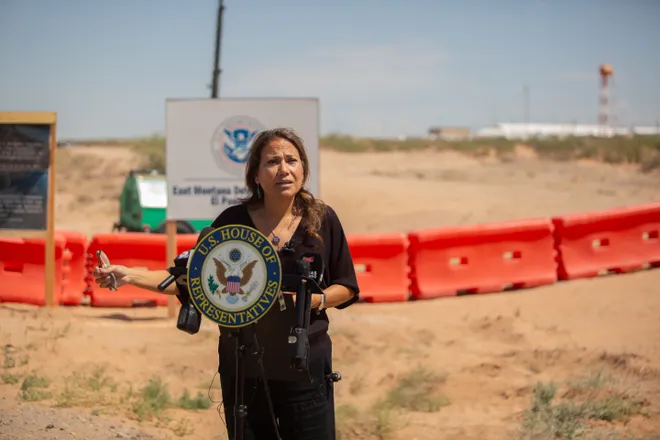 U.S. Rep. Veronica Escobar, D-El Paso, addresses the press at the entrance of the East Montana ICE detention facility on Aug. 18, 2025. The new ICE facility opened on Aug. 17 and sits on Fort Bliss.