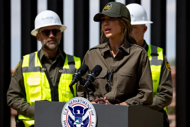 Homeland Security Secretary Kristi Noem speaks during a news conference at the border wall in Santa Teresa, N.M., on Tuesday, Aug. 19, 2025. Noem announced the entire steel structure will be painted black.