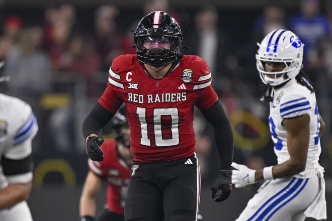 Dec 6, 2025; Arlington, TX, USA; Texas Tech Red Raiders linebacker Jacob Rodriguez (10) drops in coverage during the game between the Red Raiders and the Cougars at AT&T Stadium. Mandatory Credit: Jerome Miron-Imagn Images