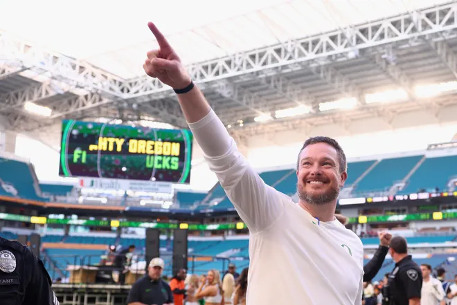 MIAMI GARDENS, FLORIDA - JANUARY 01: Head coach Dan Lanning of the Oregon Ducks celebrates after defeating the Texas Tech Red Raiders 23-0 in the 2025 College Football Playoff Quarterfinal at the Capital One Orange Bowl at Hard Rock Stadium on January 01, 2026 in Miami Gardens, Florida. (Photo by Megan Briggs/Getty Images)