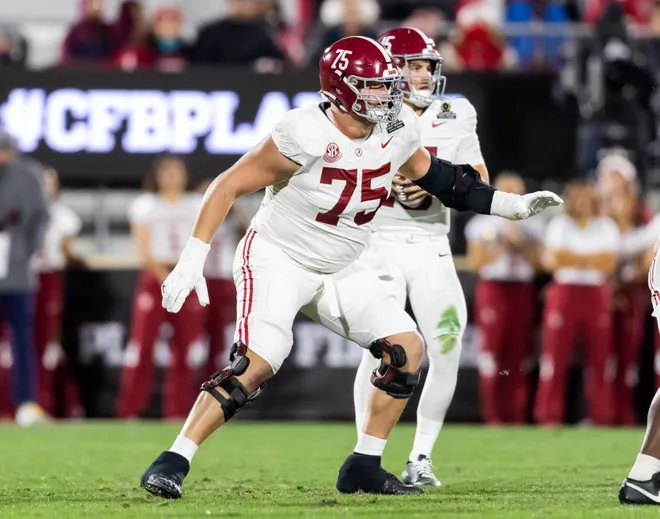 Dec 19, 2025; Norman, OK, USA; Alabama Crimson Tide offensive lineman Wilkin Formby (75) against the Oklahoma Sooners during the CFP National Playoff First Round at Gaylord Family Oklahoma Memorial Stadium. Mandatory Credit: Mark J. Rebilas-Imagn Images
