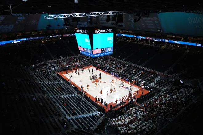 Jan 17, 2026; Austin, Texas, USA; The Texas Longhorns and the Texas A&M Aggies warms up before the game at Moody Center. Mandatory Credit: Dustin Safranek-Imagn Images