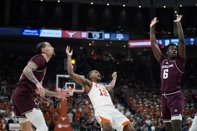 Jan 17, 2026; Austin, Texas, USA; Texas Longhorns guard Tramon Mark (12) reacts after a jump shot against the Texas A&M Aggies during the second half at Moody Center. Mandatory Credit: Dustin Safranek-Imagn Images