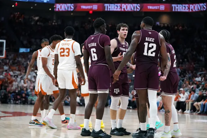 Jan 17, 2026; Austin, Texas, USA; The Texas A&M Aggies setup a play against the Texas Longhorns during the second half at Moody Center. Mandatory Credit: Dustin Safranek-Imagn Images