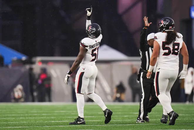 Jan 18, 2026; Foxborough, MA, USA; Houston Texans defensive end Will Anderson Jr. (51) reacts after a sack in the second quarter against the New England Patriots in an AFC Divisional Round game at Gillette Stadium. Mandatory Credit: David Butler II-Imagn Images