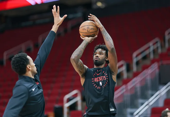 Dec 27, 2024; Houston, Texas, USA; Houston Rockets forward Tari Eason (17) practices before the game against the Minnesota Timberwolves at Toyota Center. Mandatory Credit: Troy Taormina-Imagn Images