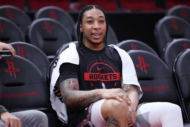 Dec 11, 2025; Houston, Texas, USA; Houston Rockets guard JD Davison (4) looks on during practice before the game against the Los Angeles Clippers at Toyota Center. Mandatory Credit: Troy Taormina-Imagn Images