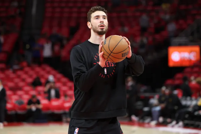 Apr 23, 2025; Houston, Texas, USA; Houston Rockets center Alperen Sengun (28) practices free throws before game two of the first round for the 2024 NBA Playoffs against the Golden State Warriors at Toyota Center. Mandatory Credit: Troy Taormina-Imagn Images