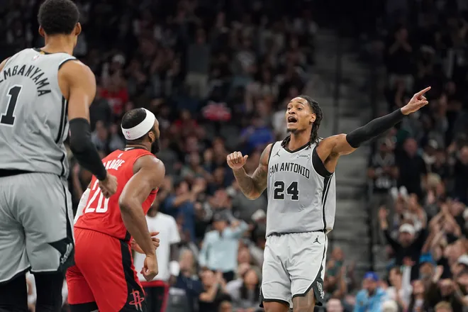 Nov 7, 2025; San Antonio, Texas, USA; San Antonio Spurs guard Devin Vassell (24) reacts during the second half against the Houston Rockets at Frost Bank Center. Mandatory Credit: Dustin Safranek-Imagn Images