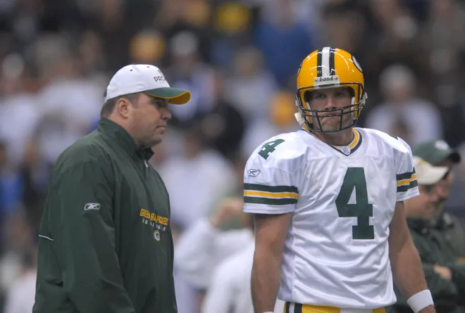 Nov. 29, 2007; Irving, TX, USA; Green Bay Packers head coach Mike McCarthy with quarterback Brett Favre (4) against the Dallas Cowboys at Texas Stadium. Mandatory Credit: Mark J. Rebilas-USA TODAY Sports