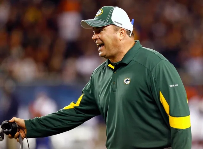 Sep 27, 2010; Chicago, IL, USA; Green Bay Packers head coach Mike McCarthy yells out a play against the Chicago Bears during the second half at Soldier Field. The Chicago Bears defeat the Green Bay Packers 20-17. Mandatory Credit: Mike DiNovo-USA TODAY Sports