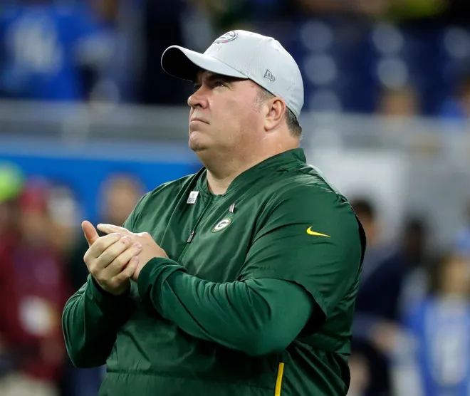 Green Bay Packers coach Mike McCarthy watches over the warm up before the Green Bay Packers vs. Detroit Lions NFL game at Ford Field, Detroit, Sunday, October 7, 2018.

Packlions 09ofx Wood
