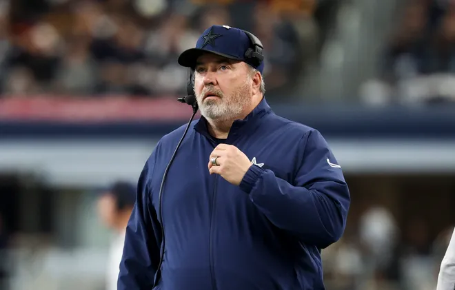 Jan 5, 2025; Arlington, Texas, USA; Dallas Cowboys head coach Mike McCarthy looks on during the first half against the Washington Commanders at AT&T Stadium. Mandatory Credit: Kevin Jairaj-Imagn Images