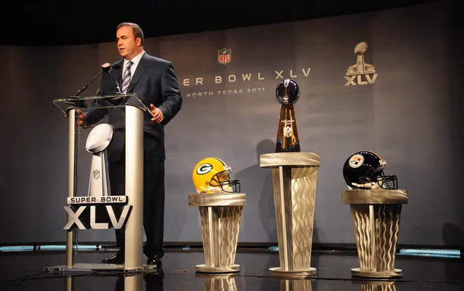 February 4, 2011; Dallas, TX, USA; Green Bay Packers head coach Mike McCarthy addresses the media during a press conference at the Super Bowl XLV media center at the International Exposition and Conference Center. Mandatory Credit: Mark J. Rebilas-USA TODAY Sports