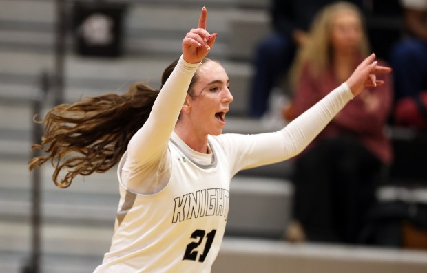 Kaneland's Kyra Lilly (21) reacts to a basket against Plano in the second quarter during a non- conference game in Maple Park on Tuesday, Jan. 6, 2026.H. Rick Bamman / For the Beacon-News
