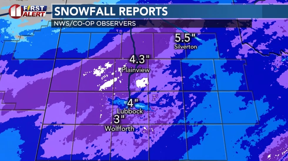 Snowfall reports as of Sunday morning
