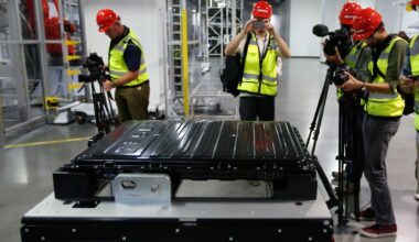 A Tesla battery pack is displayed during a media tour of the new Tesla Motors Inc., Gigafactory Tuesday, July 26, 2016, in Sparks, Nev.. (AP Photo/Rich Pedroncelli)