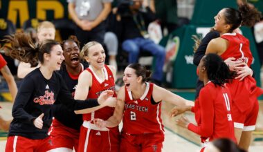 Texas Tech players celebrate on the court after defeating Baylor in an NCAA college basketball game, Sunday, Dec. 21, 2025, in Waco, Texas. (Chris Jones/Waco Tribune-Herald via AP)