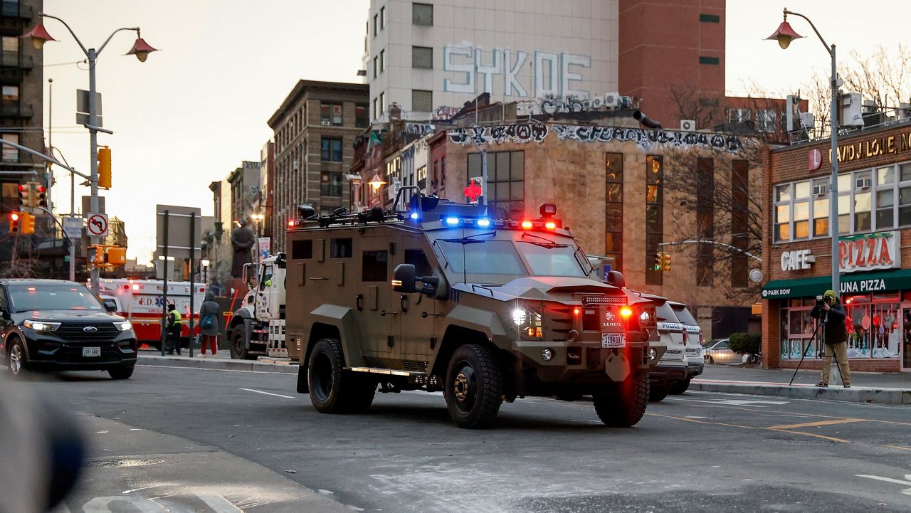 An armored vehicle carrying Venezuelan President Nicolas Maduro and his wife Cilia Flores arrives at Manhattan Federal Court, Monday, Jan. 5, 2026, in New York. (AP Photo/Stefan Jeremiah)