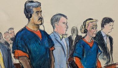 Venezuelan President Nicolas Maduro, left, and his wife, Cilia Flores, second from right, appear in Manhattan federal court with their defense attorneys Mark Donnelly, second from left, and Andres Sanchez, Monday, Jan. 5, 2026, in New York. (Elizabeth Williams via AP)