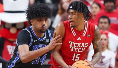 Texas Tech forward JT Toppin (15) drives to the hoop against BYU forward Abdullah Ahmed (34) during the first half of an NCAA college basketball game Saturday, Jan. 17, 2026, in Lubbock, Texas. (AP Photo/Chase Seabolt)