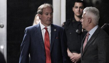 Texas Attorney General Ken Paxton arrives with former President Donald Trump at Manhattan criminal court before Trump's trial in New York, Tuesday, April 30, 2024. (Curtis Means/Pool Photo via AP)