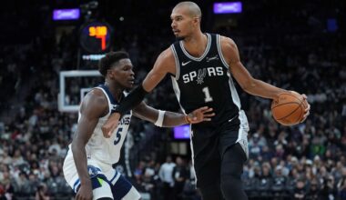 San Antonio Spurs forward Victor Wembanyama (1) drives against Minnesota Timberwolves guard Anthony Edwards (5) during the second half of an NBA basketball game in San Antonio, Saturday, Jan. 17, 2026. (AP Photo/Eric Gay)