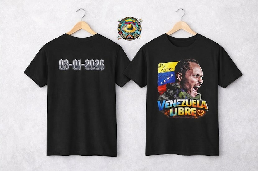 A promotional image shared online shows t-shirts featuring Venezuelan political imagery and...