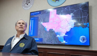 Texas Gov. Greg Abbott listens to a briefing as he prepares for a winter storm at the State Operations Center in Austin. Credit: Jay Janner/The Austin American-Statesman via Getty Images
