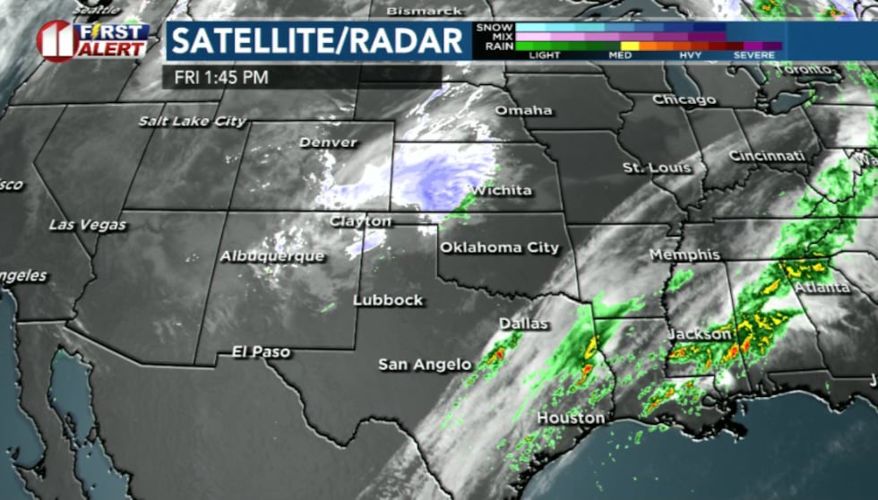 A storm system spinning through New Mexico