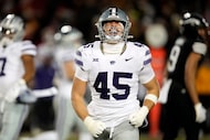 Kansas State linebacker Austin Romaine (45) celebrates after breaking up a pass during the...