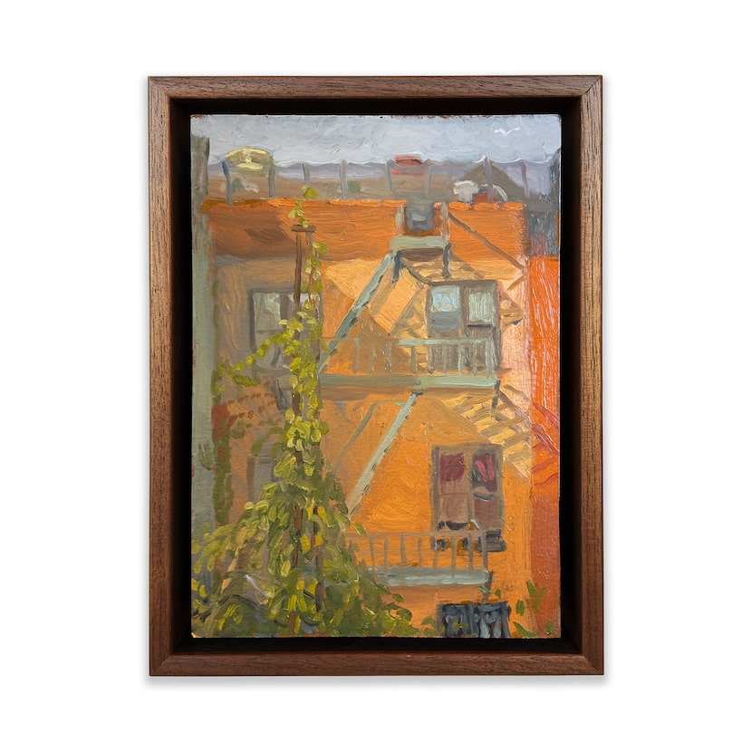 Drea Cofield's 2025 oil-on-cardboard painting "Fall Light (Brooklyn)" is featured in the...