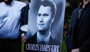 The New York Young Republicans Club holds a vigil for Turning Point USA CEO and co-founder Charlie Kirk at Madison Square Park on Friday, Sept. 12, 2025, in New York. (AP Photo/Kena Betancur)
