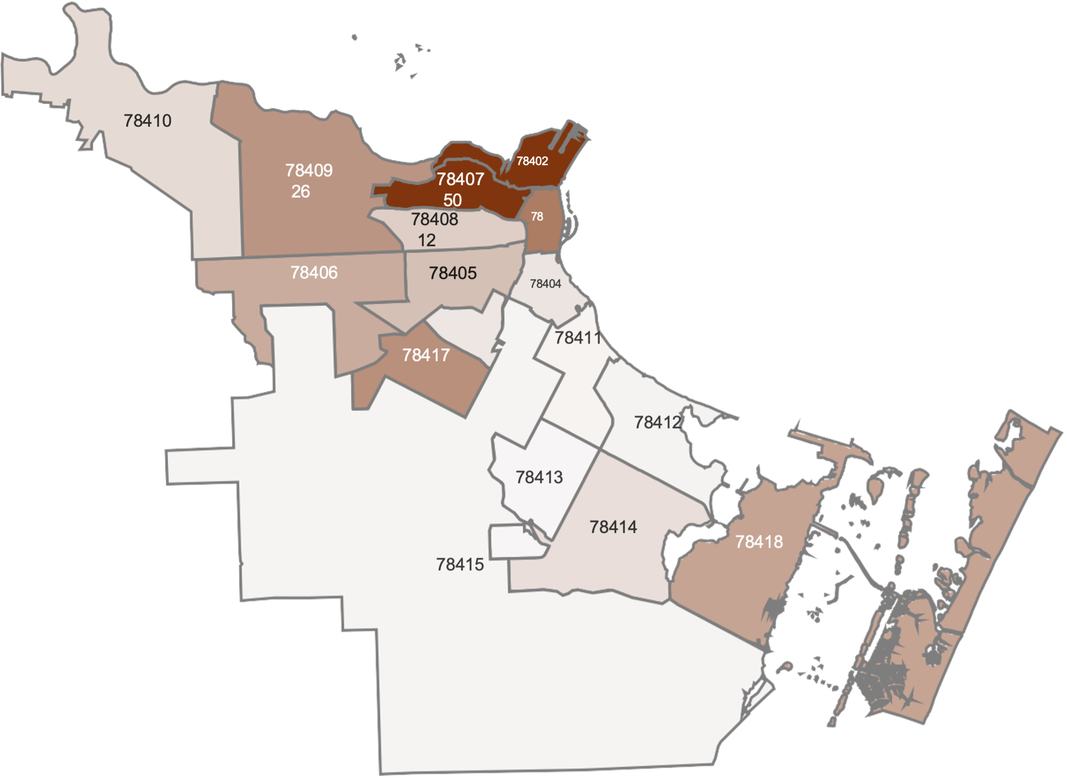 Share of infill lots by ZIP code in Corpus Christi, Texas.