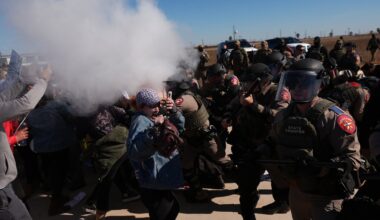 Pepper spray was used by Texas troopers to disperse protesters outside the South Texas Family Residential Center detention facility on Wednesday, where Liam Ramos and his father are being detained in Dilley, Texas.