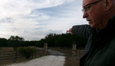 Somervell County Commissioner Jeff Harris shows where a route for a high-voltage transmission line is proposed near Dinosaur Valley State Park. Credit: Arcelia Martin/Inside Climate News