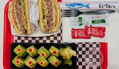 Doda Burger and Sushi tray of food.