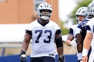 Dallas Cowboys offensive tackle Tyler Smith (73) during a training camp practice in Oxnard,...