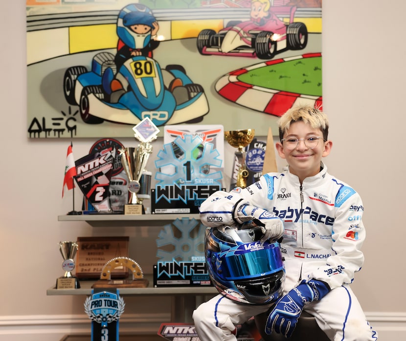 Competitive kart racer Liam Nachawati with trophies at his home near White Rock Lake on July...