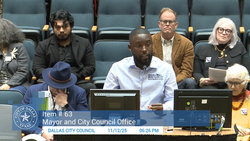 DeMondre Montgomery speaks at a Dallas City Council meeting on Nov. 12, 2025.